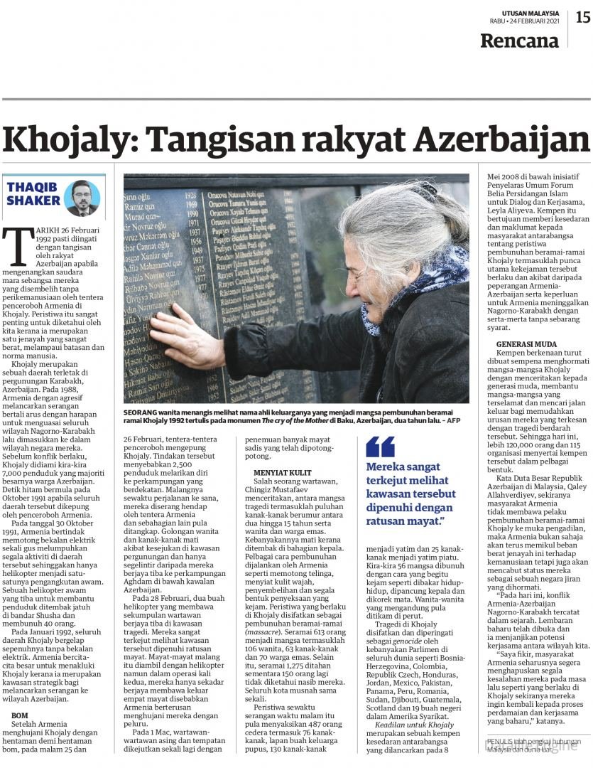 Ermənistan cəmiyyəti Xocalı soyqırımını törədənləri ədalətə təslim etmədiyi müddətdə, bu cinayətin ağır yükünü çəkməyə davam edəcək - Səfir